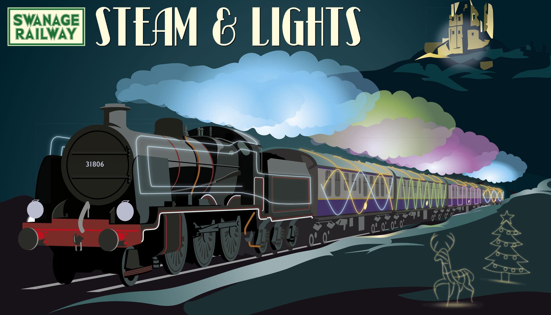 purbeck community rail partnership swanage railway steam & lights this christmas 1920x1100px
